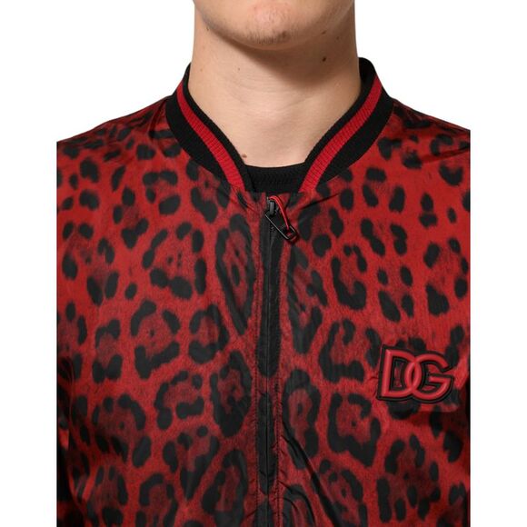 Dolce & Gabbana Red Leopard Print Full Zip Bomber Men's Jacket